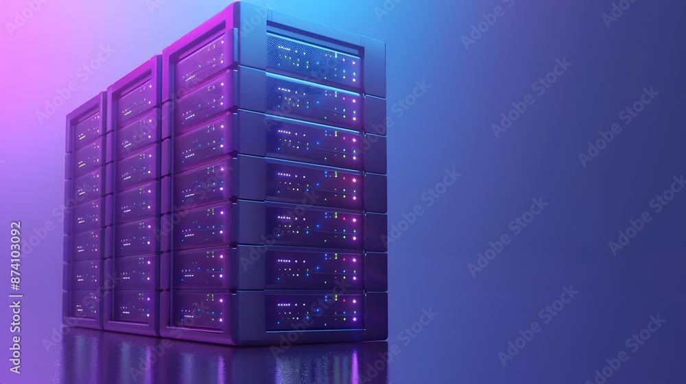 Poster modern data server racks in a dimly lit, futuristic environment with purple and blue lighting, empha