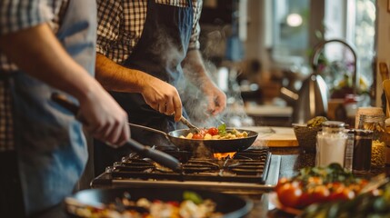 Chefs cooking vegetables on a stove, preparing a delicious meal in a kitchen with fresh ingredients.