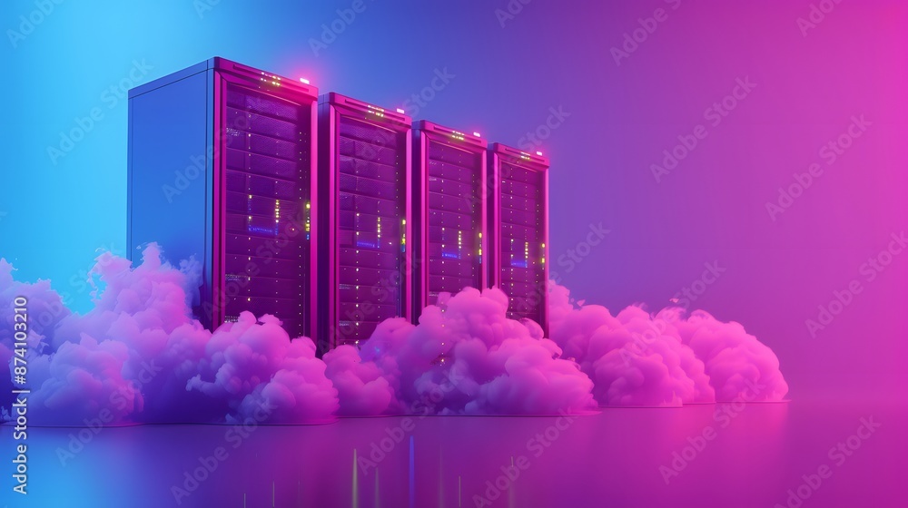 Poster modern data server racks surrounded by cloud in neon lights illustrate cloud computing and futuristi