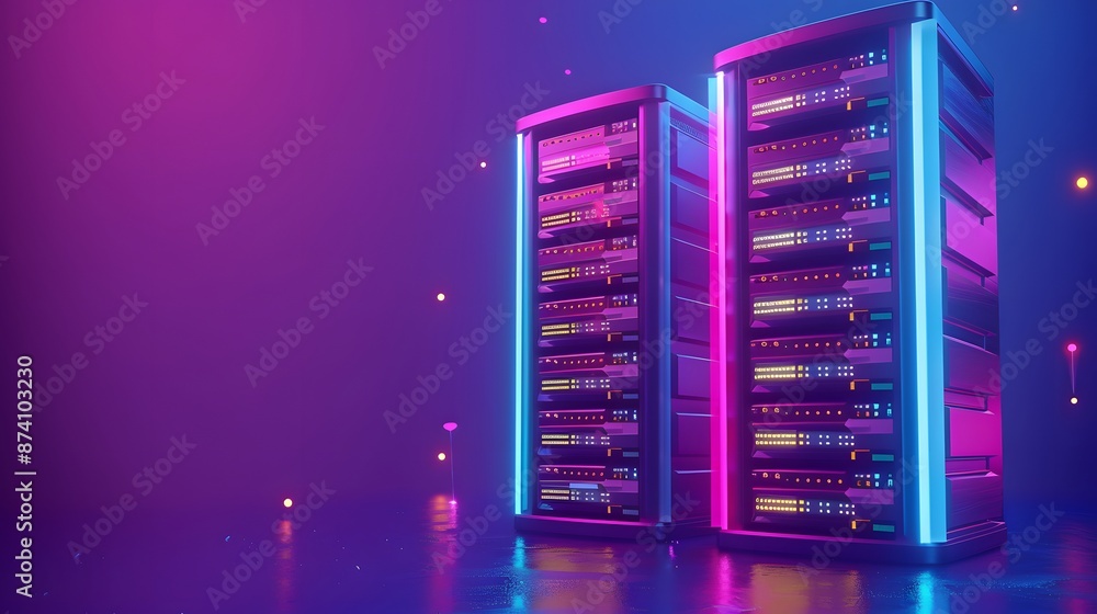 Poster modern data server racks with neon lighting in a futuristic data center. image showcasing advanced i