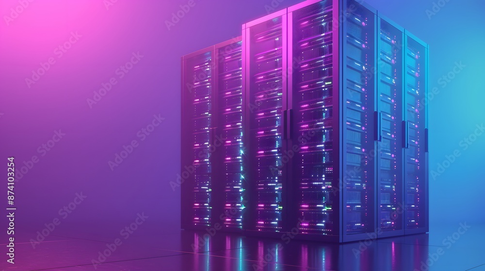 Poster modern data server room illuminated with vibrant neon lights, showcasing advanced technology infrast