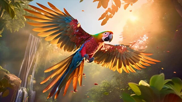 A colorful parrot spreading its wings in mid-flight,