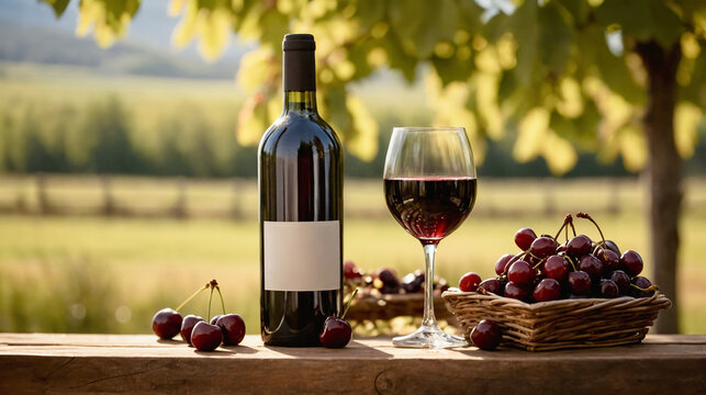 Bottle and wine glass of cherry wine with green cherry orchard in the background. Red wine made from sweet ripe cherries