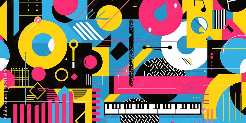 Poster a retro poster with bold geometric shapes and contrasting colors, such as circles, squares and lines