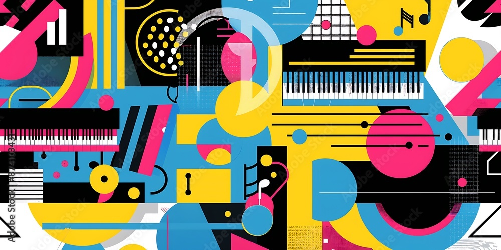 Poster a retro poster with bold geometric shapes and contrasting colors, such as circles, squares and lines