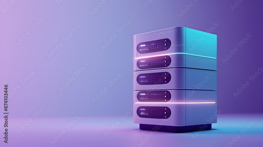 Poster modern data server stack with futuristic lighting in a purple gradient background, representing tech