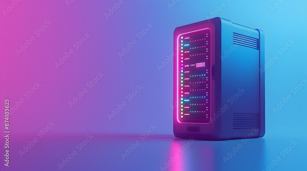 Poster modern data server with vibrant neon lighting, showcasing technological advancement in digital infra
