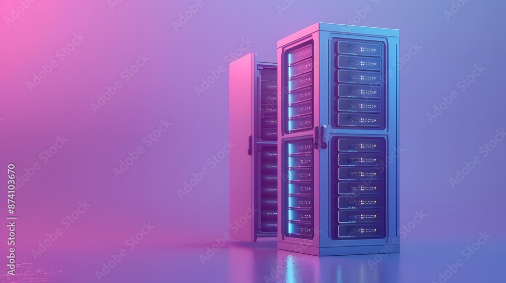 Poster modern data servers in a futuristic, neon-lit environment, showcasing advanced technology and scalab