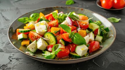 Vegetable and herb salad with cheese for ketogenic diet blank area