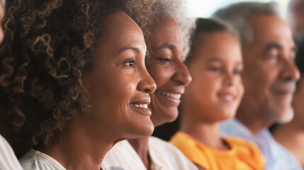Obraz premium Close-up of a multi-generational family looking forward, smiling, and sharing a joyful moment.