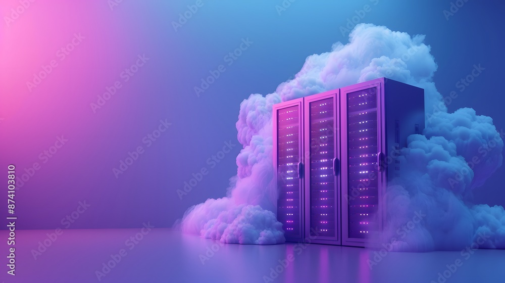 Poster modern data servers surrounded by vibrant clouds, representing cloud computing technology and server