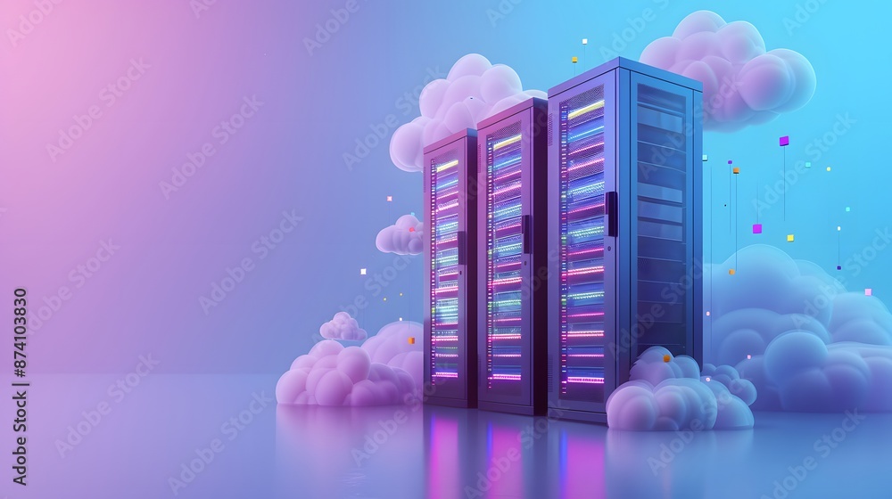 Poster modern data servers surrounded by vibrant clouds, symbolizing cloud computing and futuristic data st