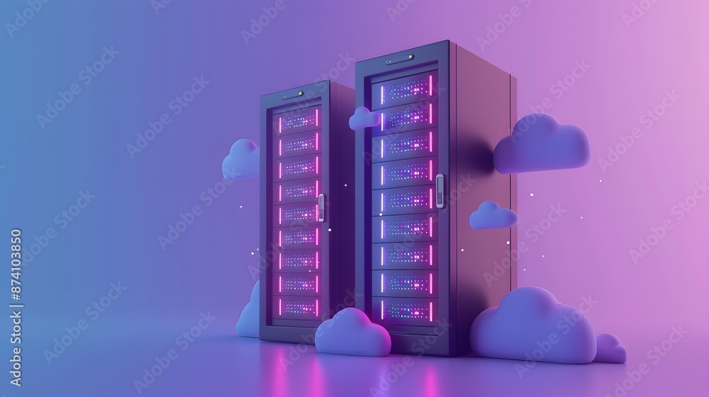 Poster Modern data servers with a cloud computing concept against a futuristic purple-pink gradient background, emphasizing technology and innovation.