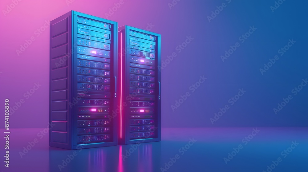 Poster modern data servers with a vibrant neon glow in a high-tech environment, symbolizing data storage, n