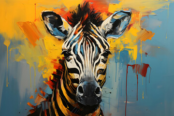 Zebra Portrait Illustration with Colorful Drips