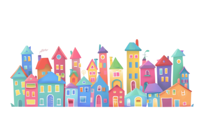 2d cartoon, city with colorful country houses frontal superimposed on a straight line on transparent background