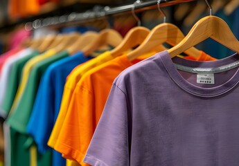 Obraz premium Colorful t-shirts hanging on wooden hangers in a store.