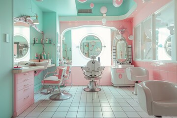 Step into the charming and nostalgic pastel vintage salon interior with retro barbershop decor and elegant mirrors
