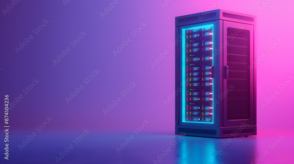 Poster modern server rack glowing with blue and pink lights, set against a gradient background, representin