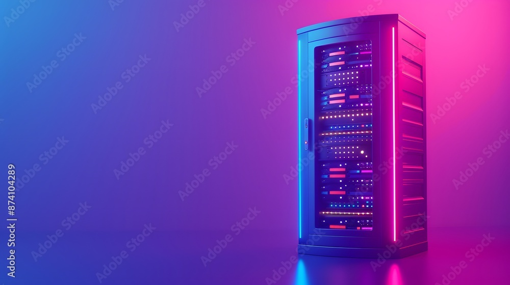 Poster modern server rack illuminated by vibrant pink and blue lights in a data center, representing advanc