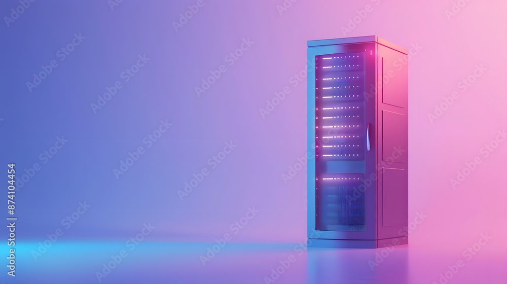 Poster modern server rack in a futuristic data center, illuminated with neon blue and pink lights. high-tec