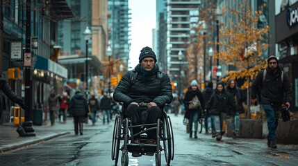 A man navigating downtown in a wheelchair on an autumn day, surrounded by pedestrians and traffic.