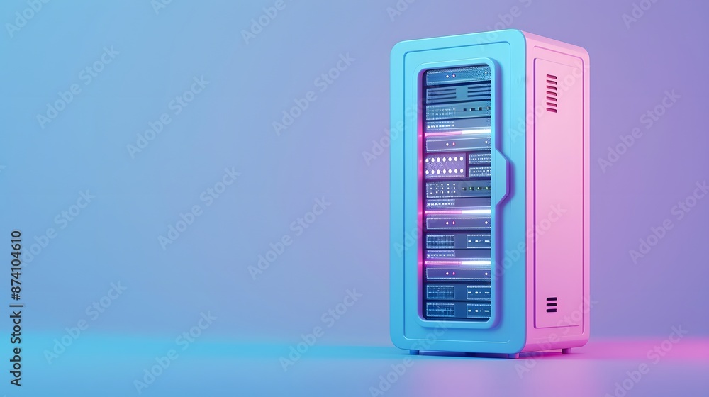 Poster modern server rack with futuristic neon lighting and vibrant colors in a minimalistic environment, s
