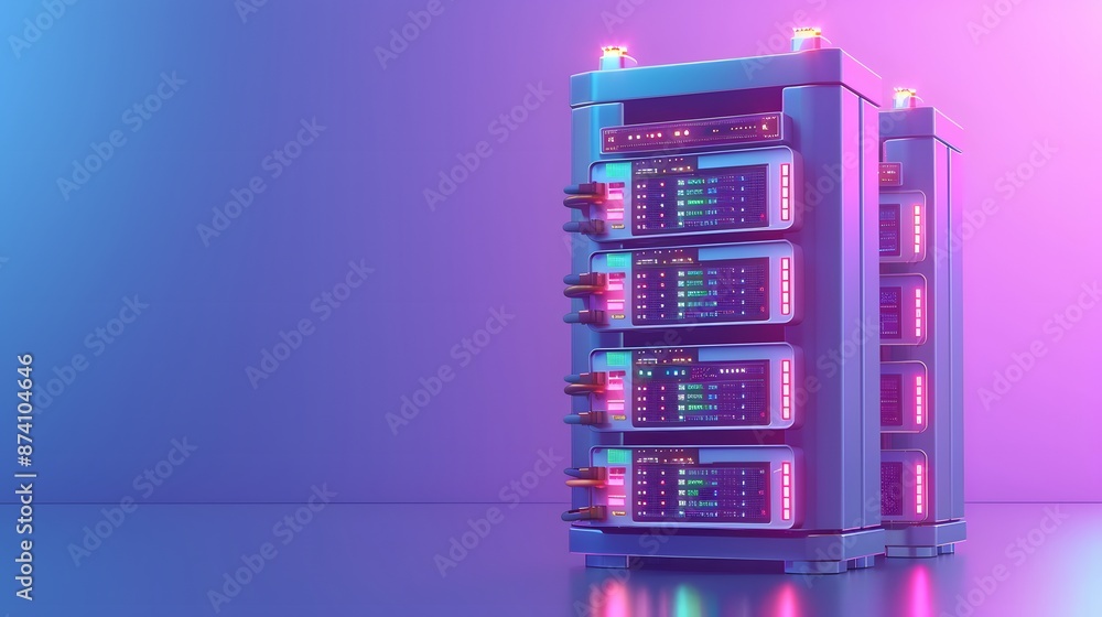 Poster modern server rack with glowing lights in a neon-lit room, representing advanced data storage techno