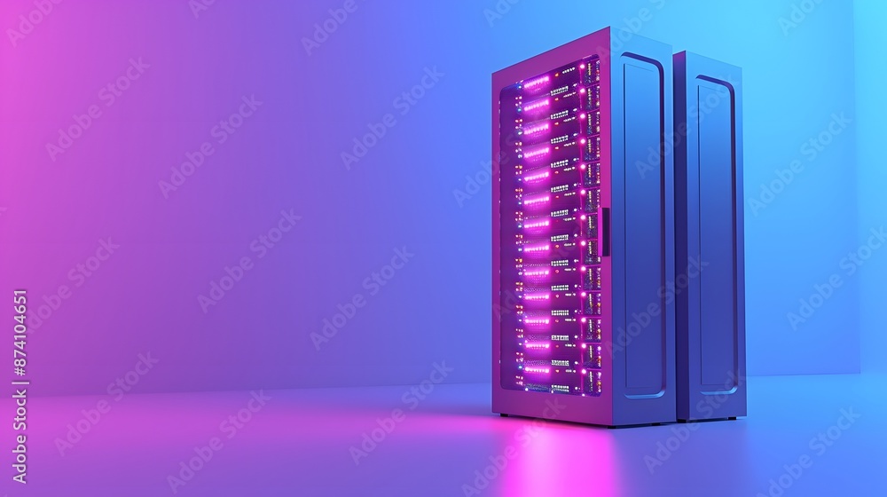Poster modern server rack with glowing neon lights in a vibrant, futuristic data center. high-tech cloud co