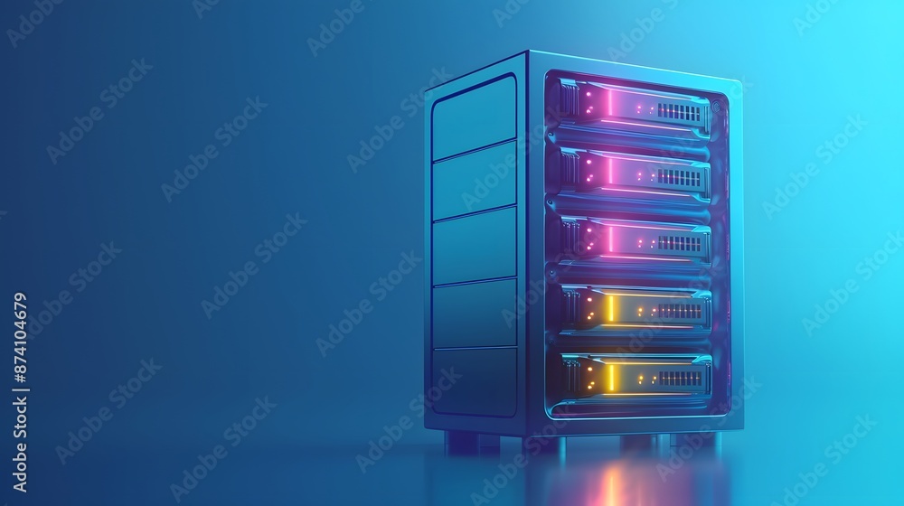 Poster modern server rack with illuminated components on a futuristic blue background, representing advance