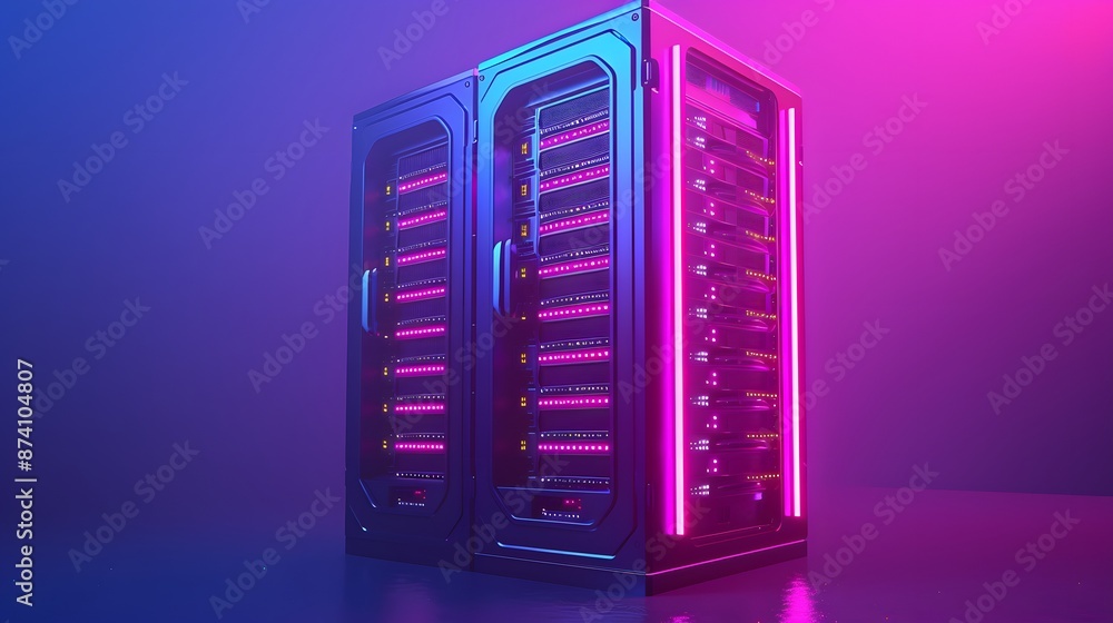 Poster modern server rack with neon lighting in a futuristic data center. high-tech internet infrastructure