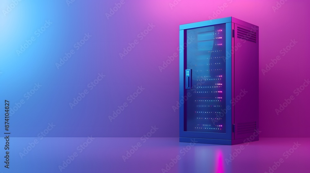 Poster modern server rack with neon lighting in futuristic setting. data center technology showcased with b