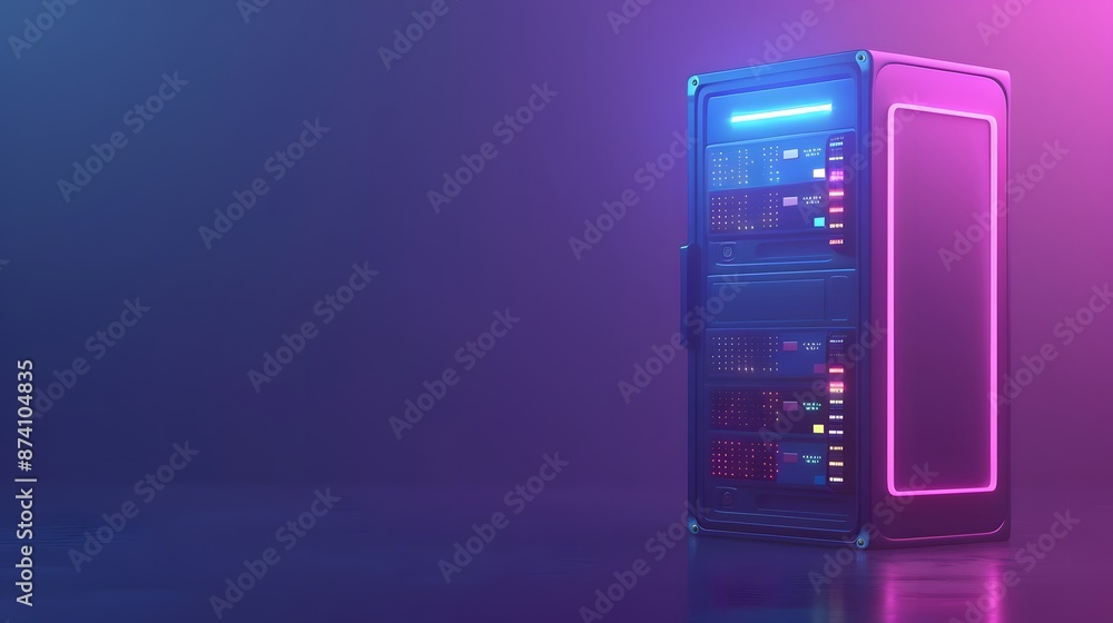 Poster modern server rack with neon lights in a dark room, showcasing advanced technology and data storage.