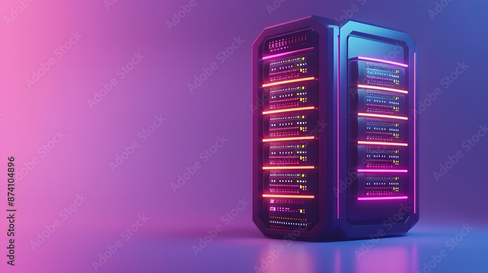 Poster modern server rack with neon lights in a futuristic data center, showcasing advanced technology for 