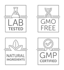 Lab tested, GMO free, Natural ingredients, GMP certified - rectangular icons