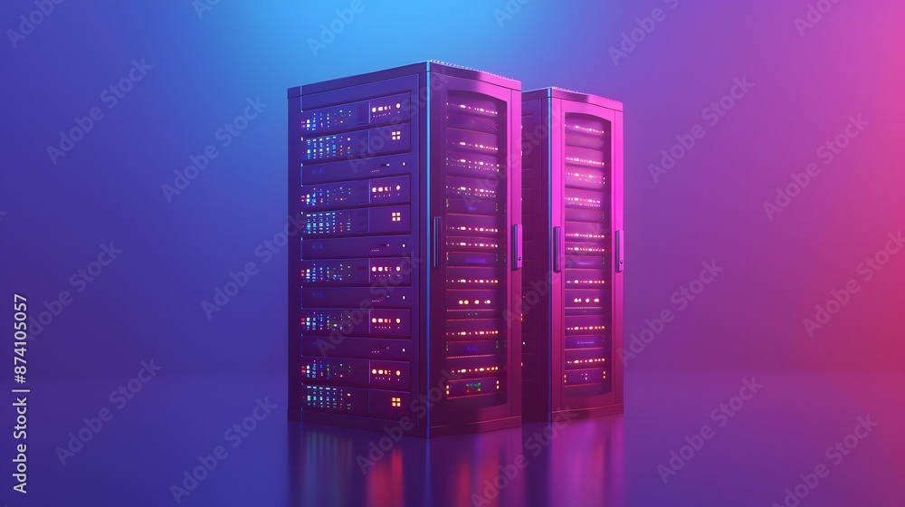 Poster modern server racks illuminated with vibrant neon lights in a futuristic data center, emphasizing te