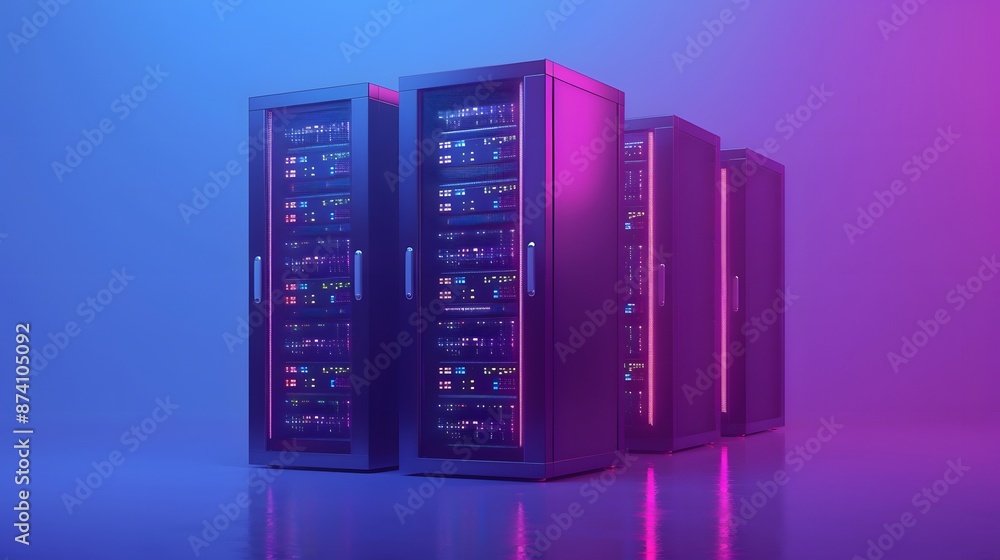 Poster modern server racks in a data center illuminated by purple and blue lighting, symbolizing advanced t