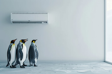 Three penguins finding relief from the heat by standing under a wall-mounted air conditioner unit in a minimalist white room