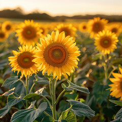 Obraz premium Panoramic sunflower field, blossoms reaching towards sun, blue sky background. Concept agricultural