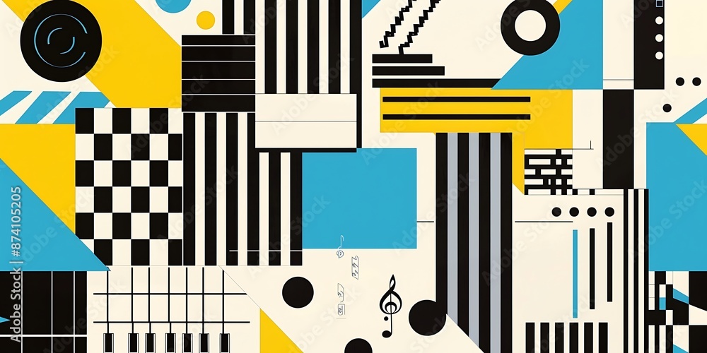 Poster a retro poster with bold geometric shapes and contrasting colors, such as circles, squares and lines