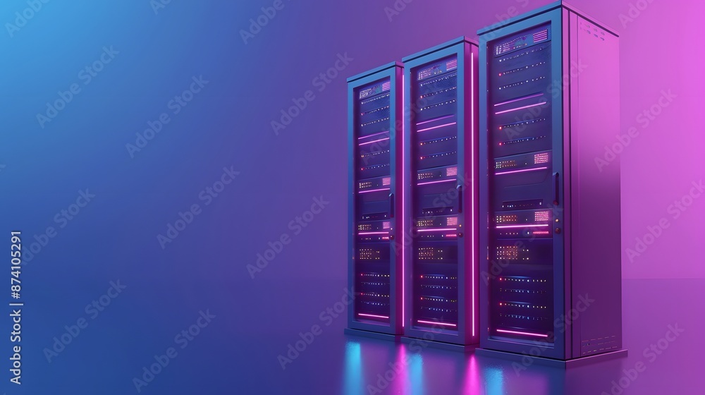 Poster modern server racks in a data center with vibrant purple and blue lighting, representing technology 