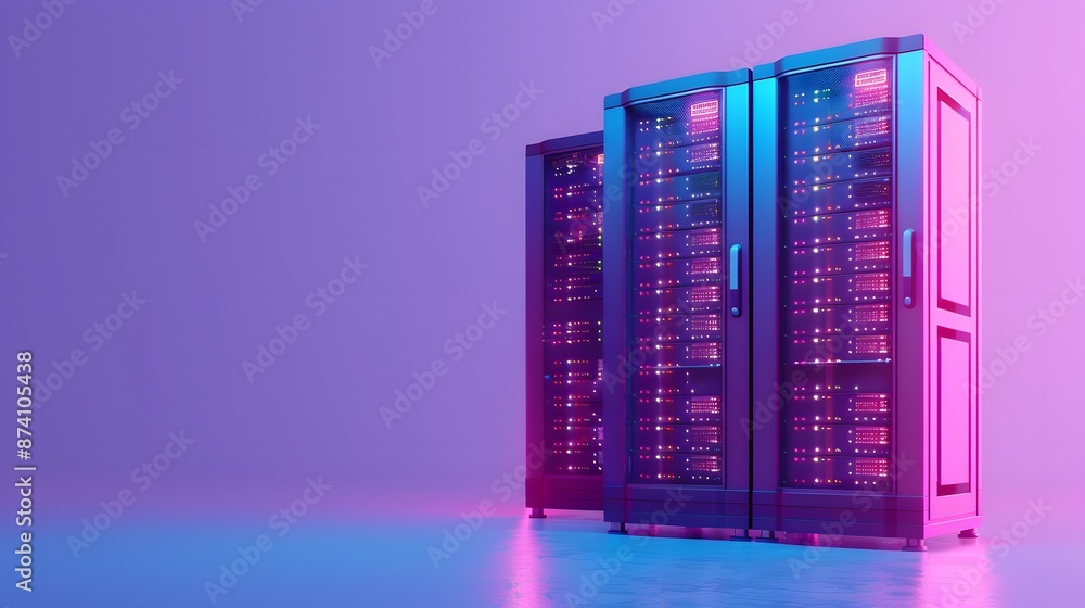 Poster modern server racks with glowing lights in a data center, showcasing advanced technology and high-pe