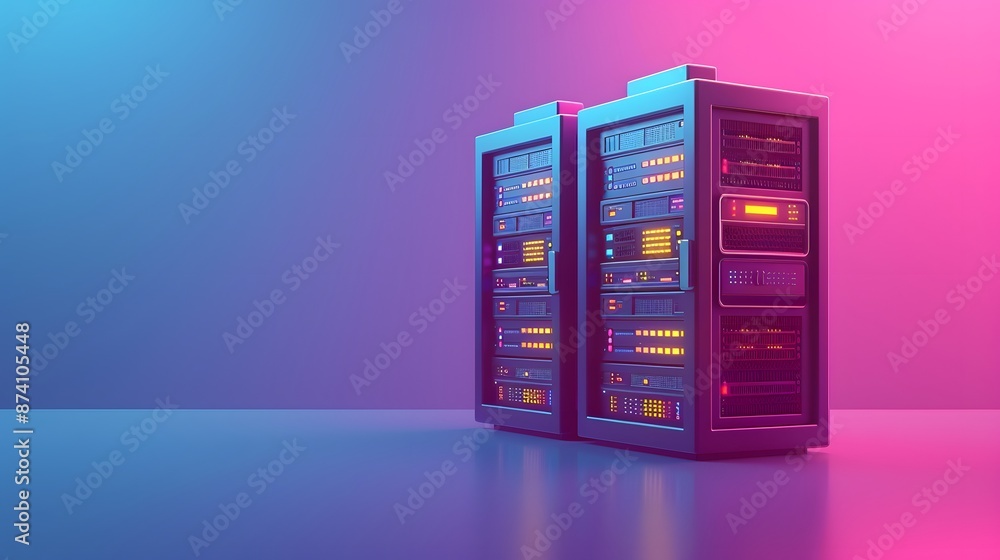 Poster modern server racks with illuminated hardware components in a vibrant room with blue and purple ligh