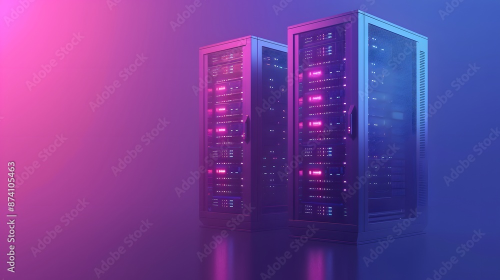 Poster modern server racks with neon lights in a data center, showcasing advanced technology and digital in