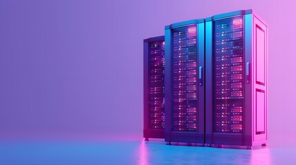 Obraz premium Modern server racks with glowing lights in a data center, showcasing advanced technology and high-performance computing infrastructure.
