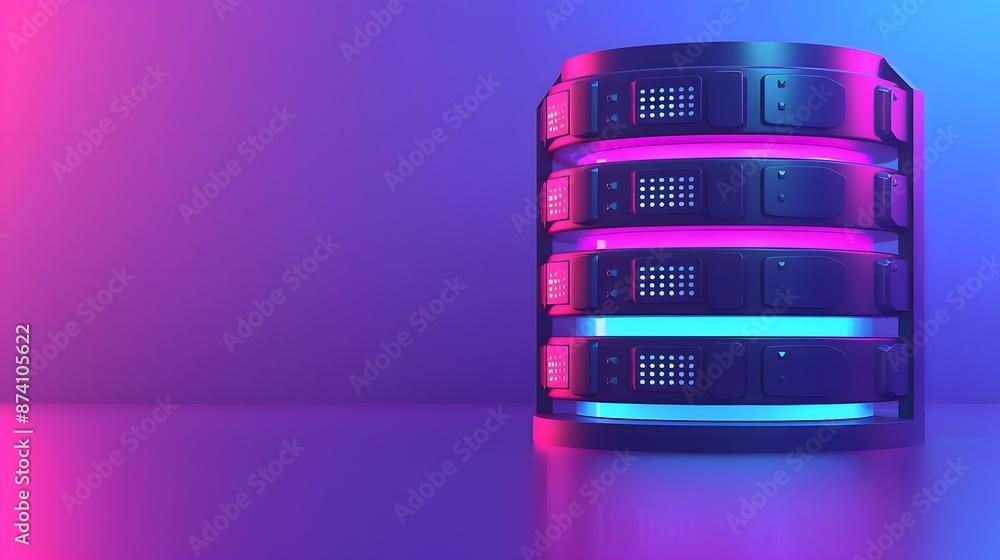 Poster modern server racks with vibrant neon lighting in a futuristic data center, symbolizing advanced tec