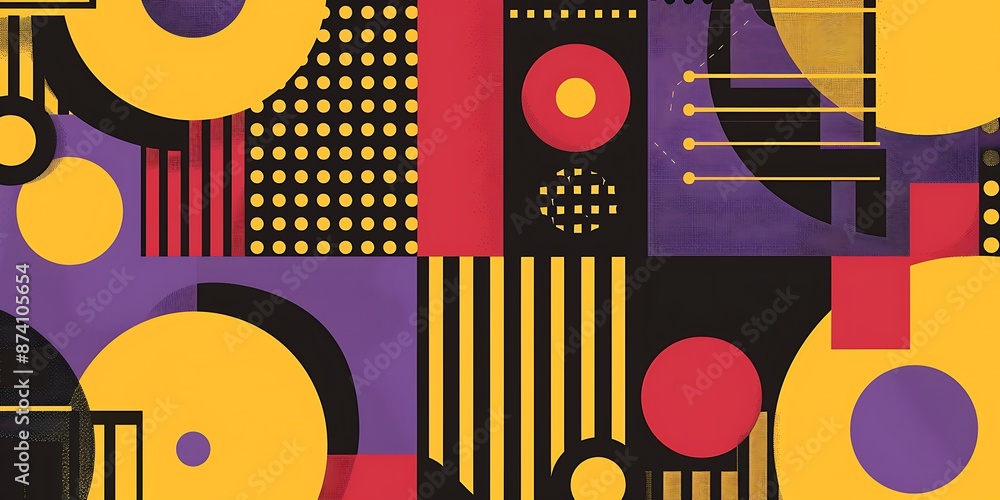 Poster a retro poster with bold geometric shapes and contrasting colors, such as circles, squares and lines
