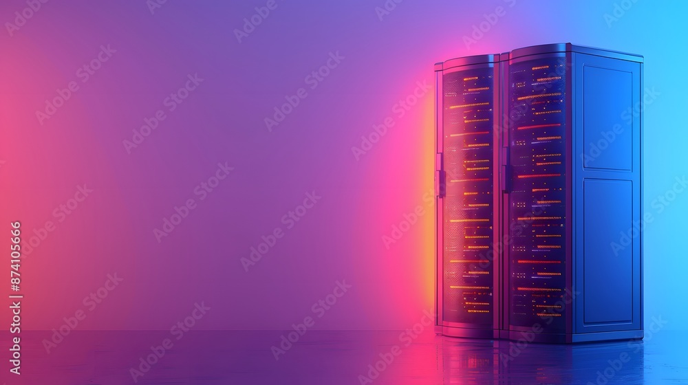 Poster modern server room with glowing lights. high-tech data storage and processing equipment in a futuris