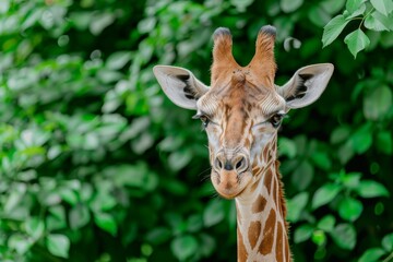 Obraz premium Close-up of giraffe against lush green foliage