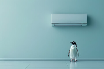 Penguin is standing in a minimal room with an air conditioner on the wall, enjoying the fresh cool air